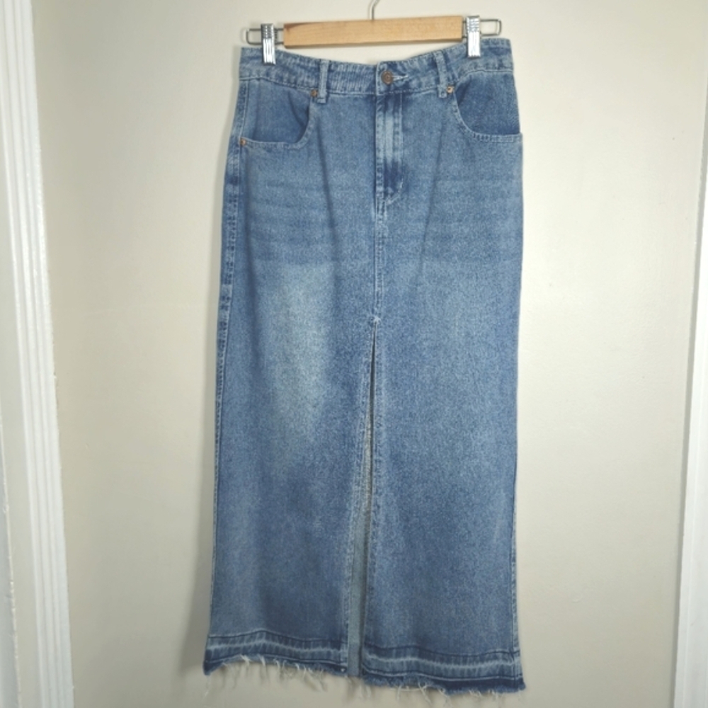 Happily Grey Blue Jean Denim Long Raw Hem Straight Front Slit Skirt Size 3/25